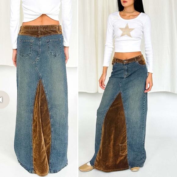 Vintage Forenza Long Denim & Velvet Maxi Skirt Womens 6 Boho Hippie Grunge Y2K - Picture 14 of 14